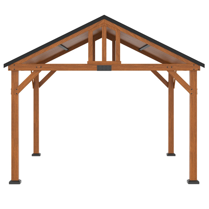 Outsunny 11' x 12' Hardtop Gazebo with Wooden Frame and Waterproof Asphalt Roof, Permanent Pavilion, Brown