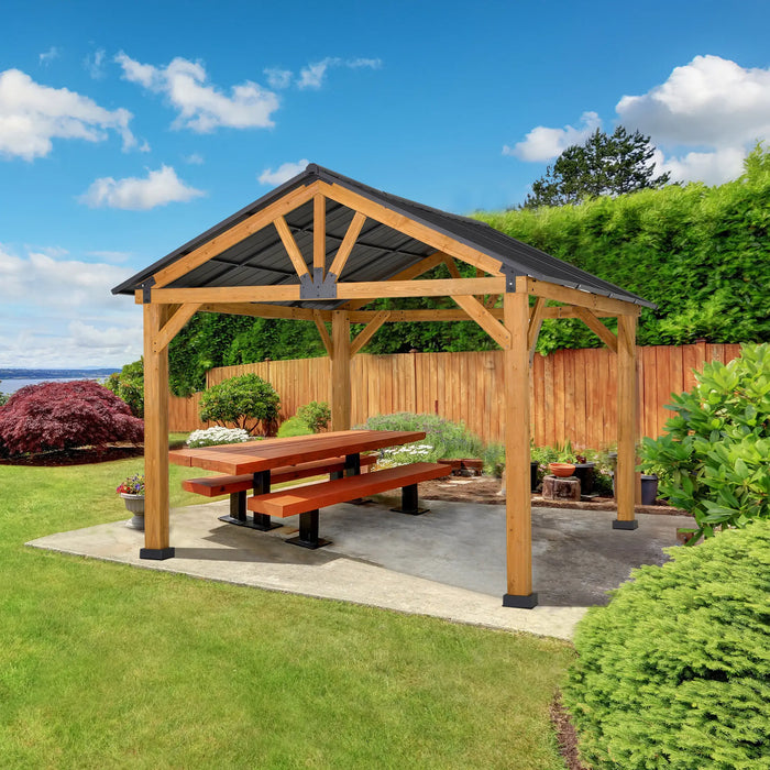 Outsunny 11' x 13' Hardtop Gazebo with Galvanized Steel Roof, Wooden Frame, Pavilion with Ceiling Hook