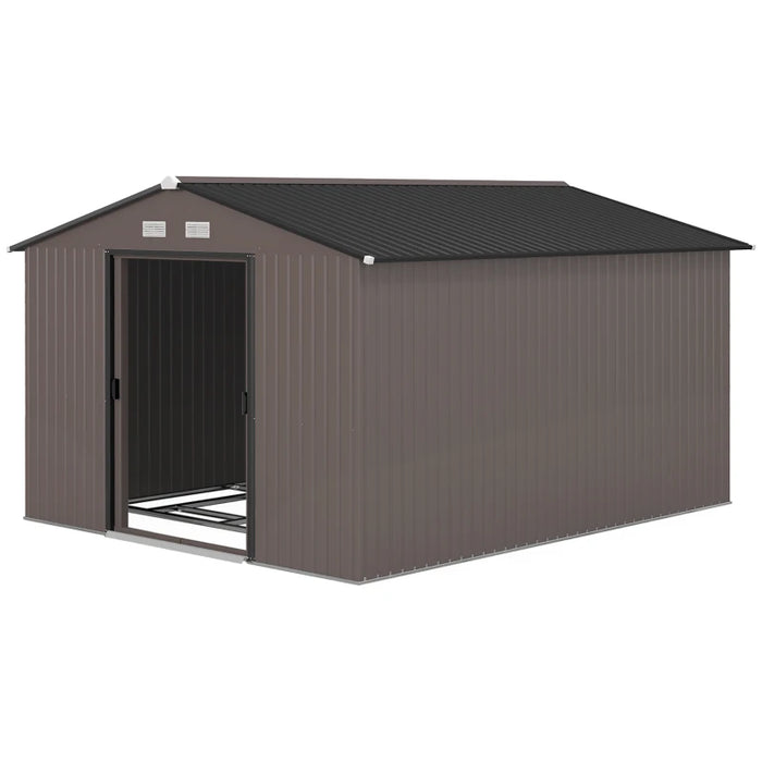 Outsunny Outdoor Storage Shed 11x9 with Foundation Sliding Doors Vents Brown