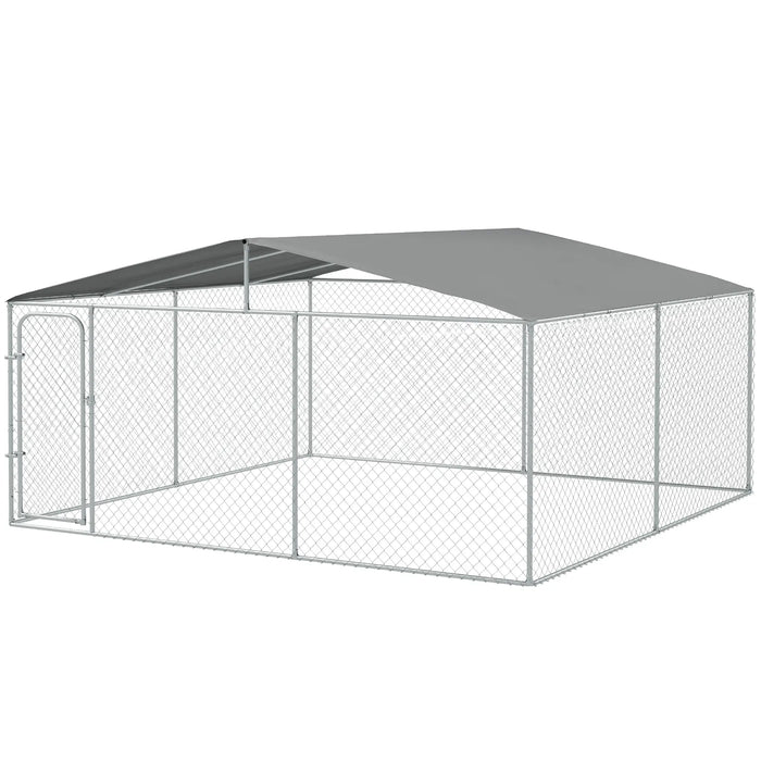 PawHut Outdoor Dog Kennel 15' x 15' x 7.5' Galvanized Steel Fence with Cover Secure Lock