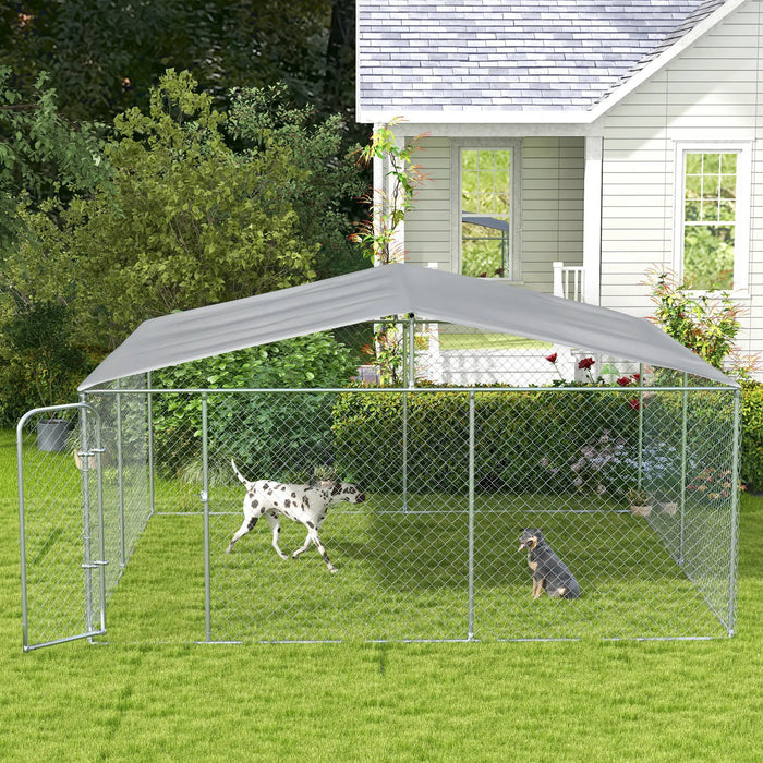 PawHut Outdoor Dog Kennel 15' x 15' x 7.5' Galvanized Steel Fence with Cover Secure Lock