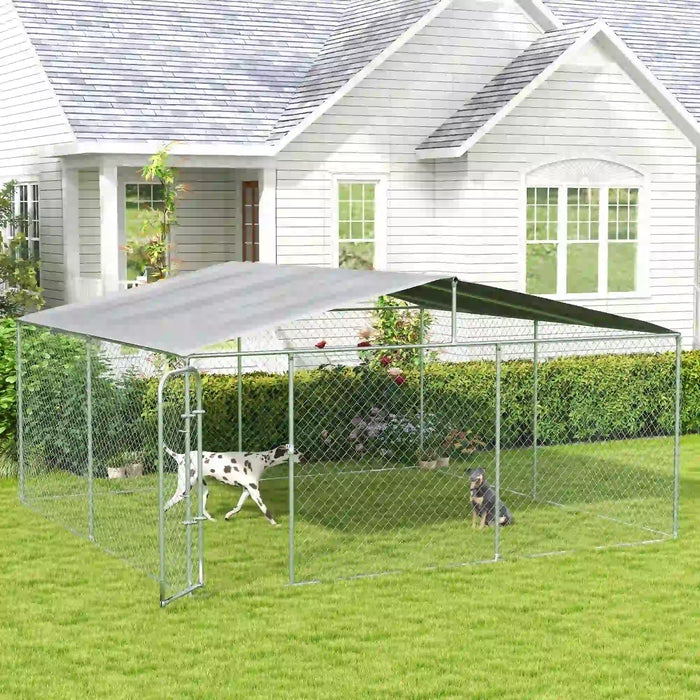 PawHut Outdoor Dog Kennel 15' x 15' x 7.5' Galvanized Steel Fence with Cover Secure Lock