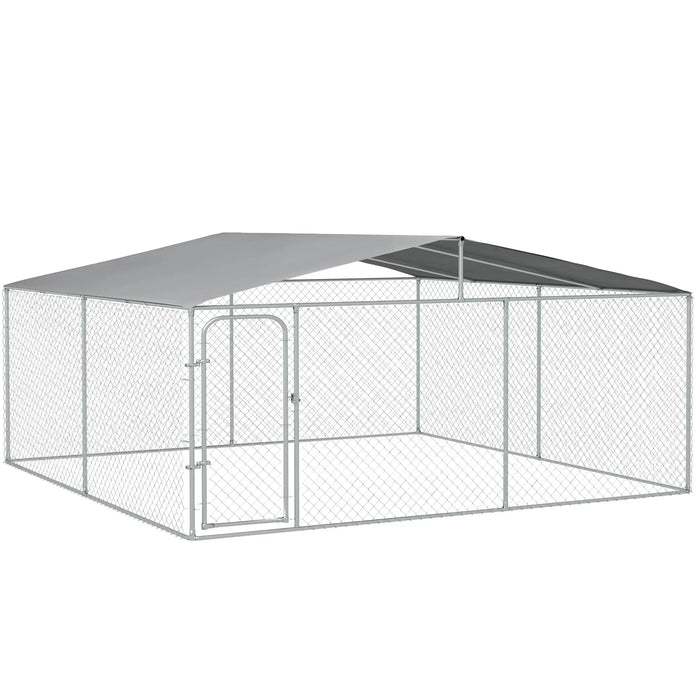 PawHut Outdoor Dog Kennel 15' x 15' x 7.5' Galvanized Steel Fence with Cover Secure Lock