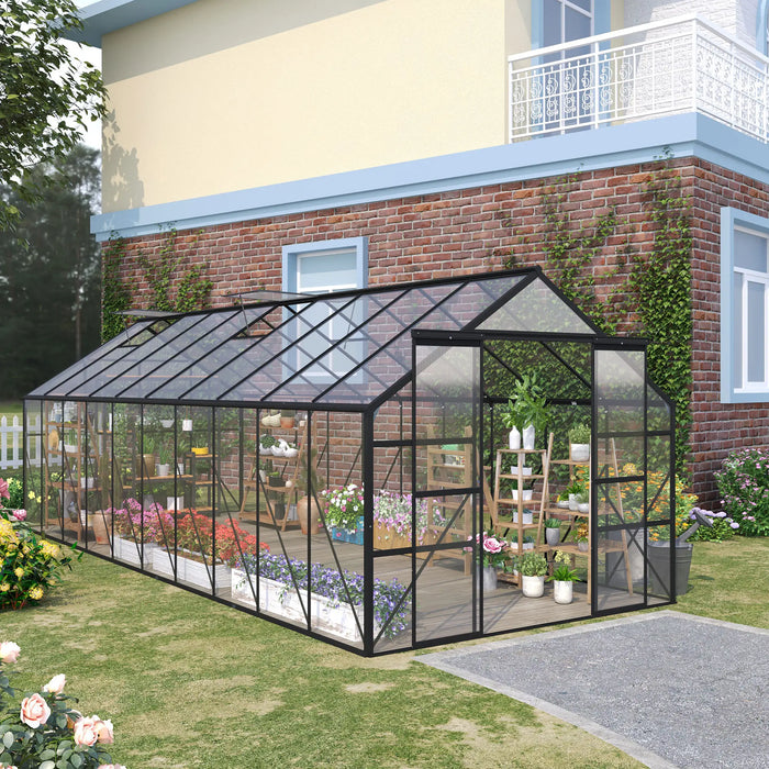 Outsunny 20' x 8' Aluminum Greenhouse Polycarbonate Walk-in with Adjustable Roof Vent, Rain Gutter & Sliding Door