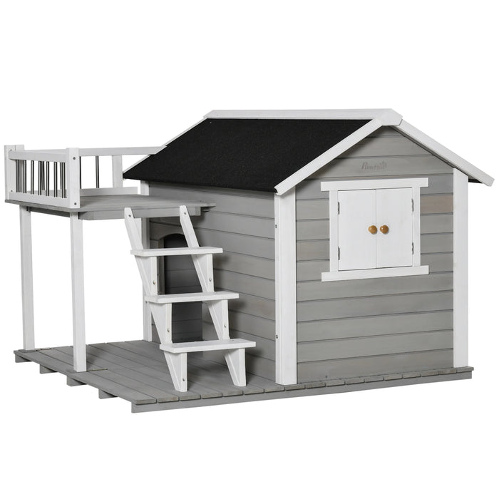 PawHut Wooden Dog House 2-Tier Raised Pet Shelter with Weather Resistant Roof for Medium Large Dogs Up To 55 lbs