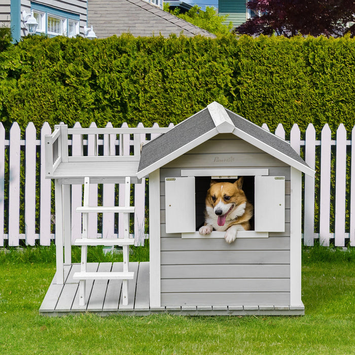 PawHut Wooden Dog House 2-Tier Raised Pet Shelter with Weather Resistant Roof for Medium Large Dogs Up To 55 lbs