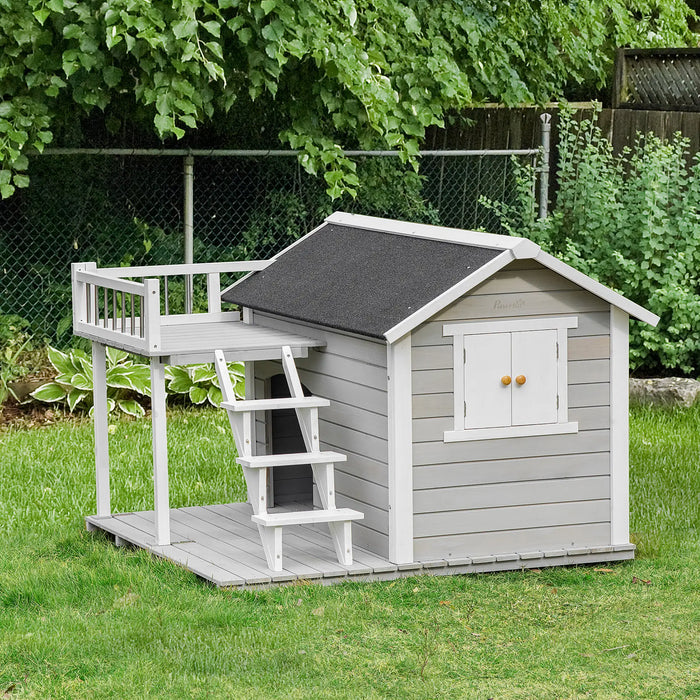 PawHut Wooden Dog House 2-Tier Raised Pet Shelter with Weather Resistant Roof for Medium Large Dogs Up To 55 lbs