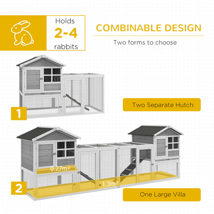 PawHut 102" 2-In-1 Wooden Rabbit House, Large Bunny Cage with 2 Run Boxes & Ramp, Gray