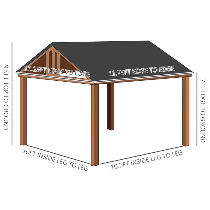 Outsunny 11' x 12' Hardtop Gazebo with Wooden Frame and Waterproof Asphalt Roof, Permanent Pavilion, Brown