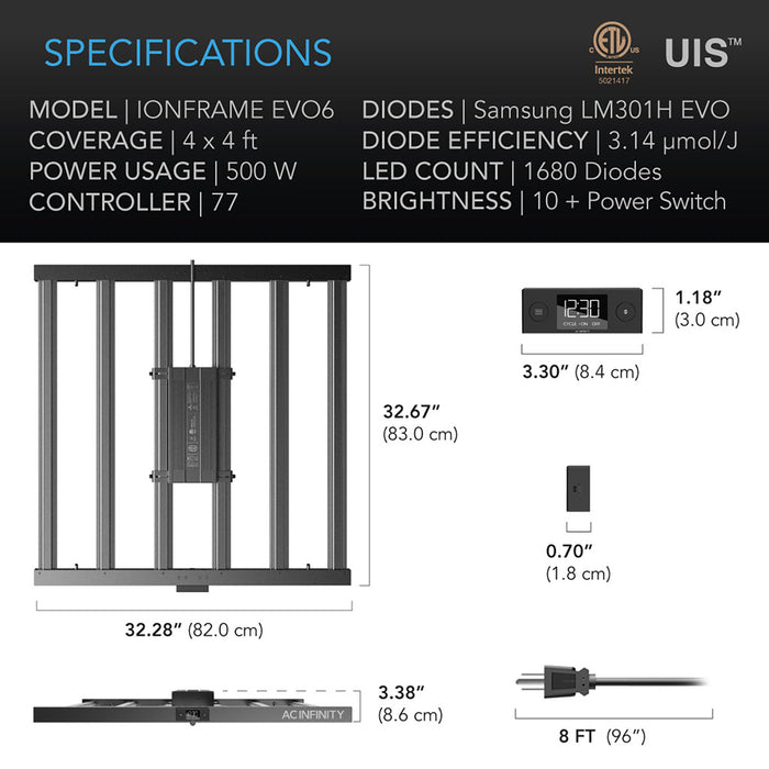 AC Infinity 500W IONFRAME EVO6 Samsung LM301H EVO Commercial 4x4 LED Grow Light