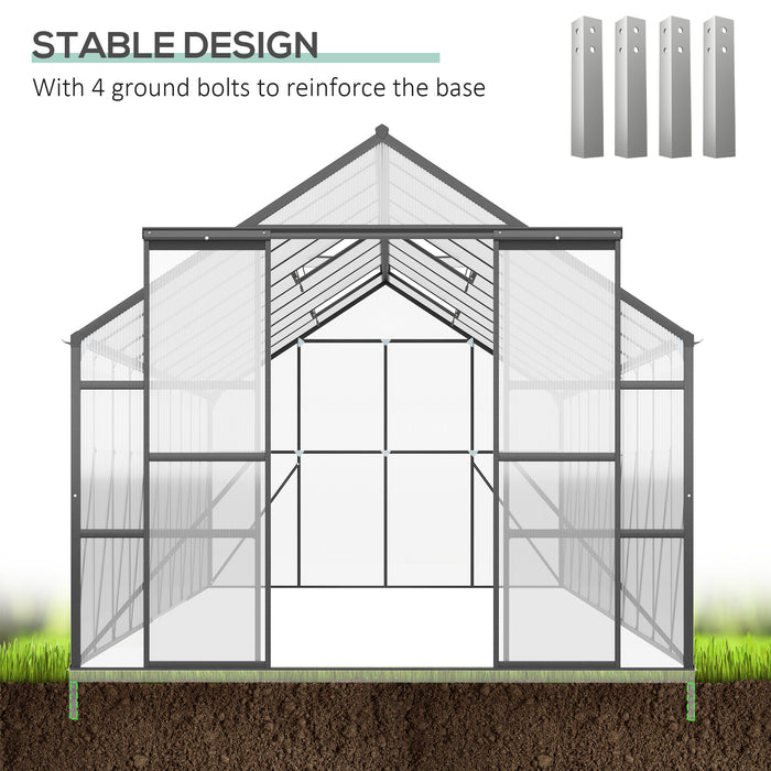 Outsunny 20' x 8' Aluminum Greenhouse Polycarbonate Walk-in with Adjustable Roof Vent, Rain Gutter & Sliding Door