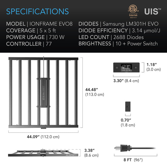 AC Infinity 730W IONFRAME EVO8 Samsung LM301H EVO Commercial 5x5 LED Grow Light