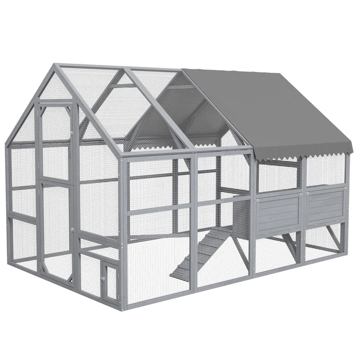 PawHut 9.2' x 6.1' Large Chicken Coop with Nesting Box, Water-Resistant and Anti-UV Cover for 8-12 Chickens, Gray