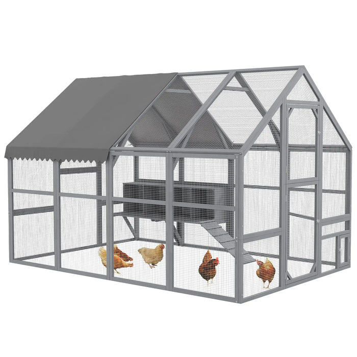 PawHut 9.2' x 6.1' Large Chicken Coop with Nesting Box, Water-Resistant and Anti-UV Cover for 8-12 Chickens, Gray