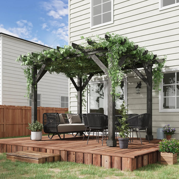 Outsunny 12' x 10' Patio Pergola, Weather-Resistant Cedar Wood, Vineyard, Ivy Vine, or Climbing Plants, Black