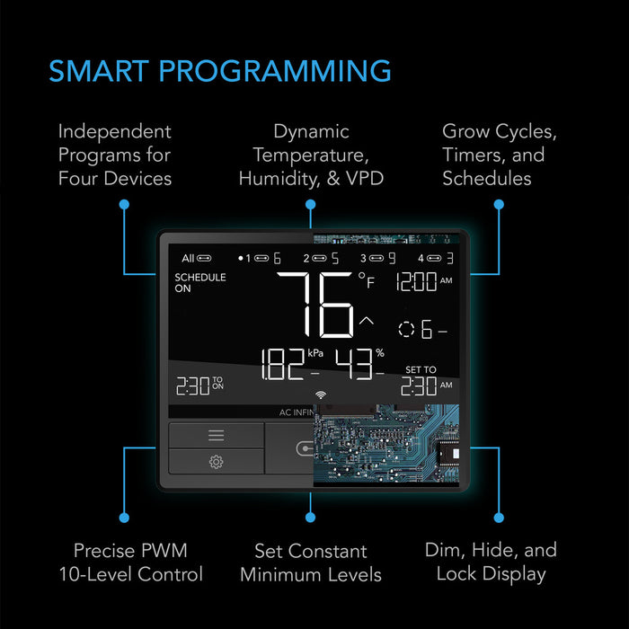 AC Infinity CONTROLLER 69 PRO, Independent Programs for Four Devices, Dynamic VPD, Temperature, Humidity, Scheduling, Cycles, Levels Control, Data App, Bluetooth + WiFi