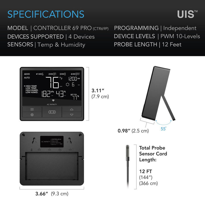 AC Infinity CONTROLLER 69 PRO, Independent Programs for Four Devices, Dynamic VPD, Temperature, Humidity, Scheduling, Cycles, Levels Control, Data App, Bluetooth + WiFi