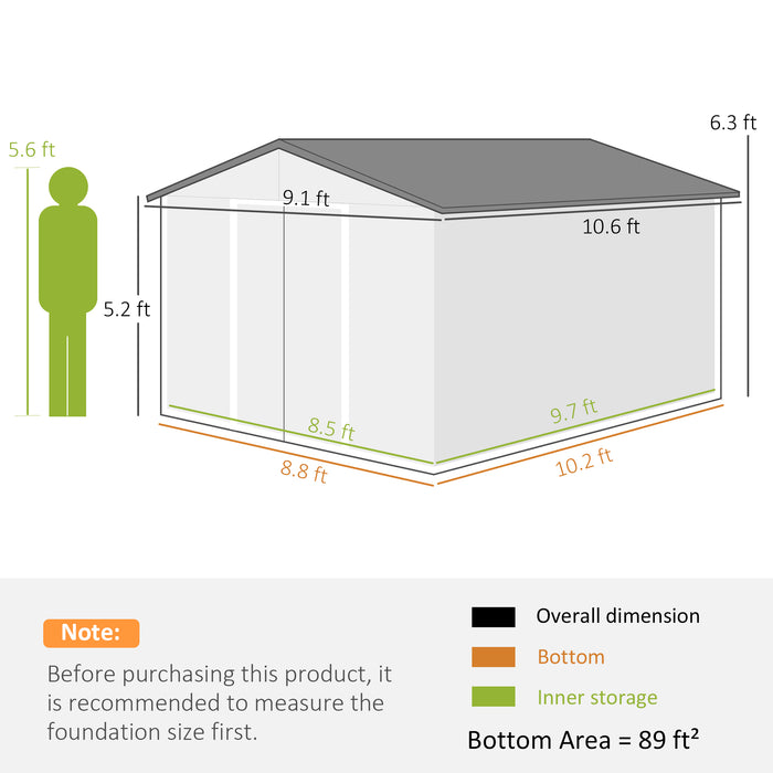 Outsunny 11' x 9' Metal Storage Shed Garden Tool House with Double Sliding Doors, 4 Air Vents, Gray