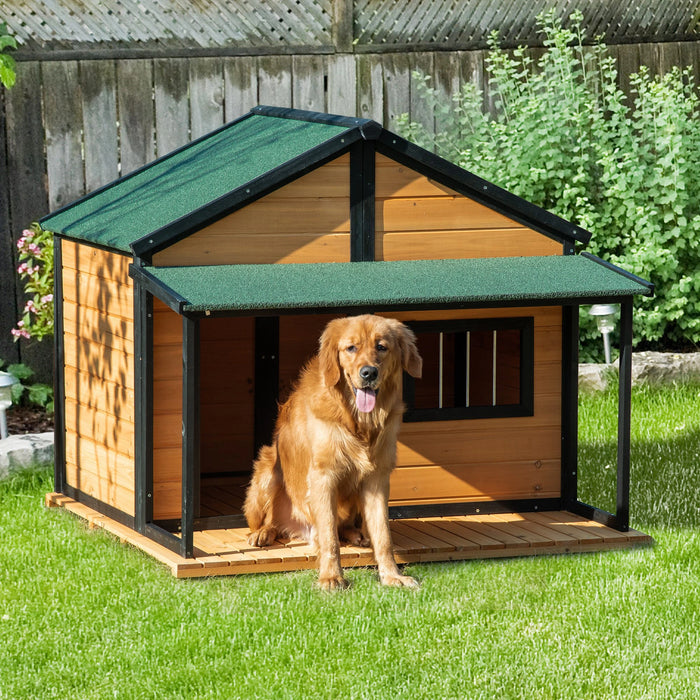 PawHut Wooden Outdoor Dog House with Porch Asphalt Roof for Medium Large Dogs Yellow