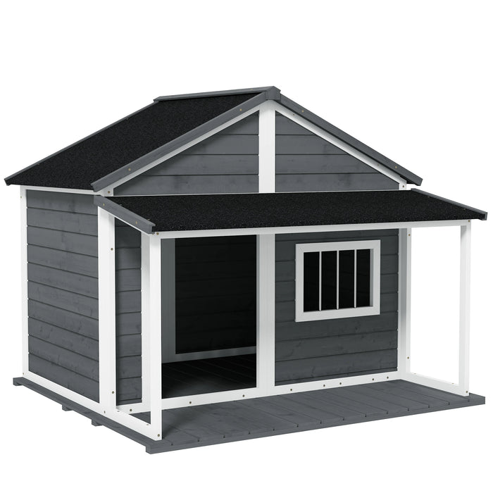 PawHut Outdoor Dog House Cabin Style  for Medium/Large Dogs, Wooden Raised Shelter with Asphalt Roof, Gray