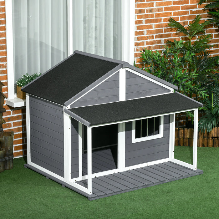 PawHut Outdoor Dog House Cabin Style  for Medium/Large Dogs, Wooden Raised Shelter with Asphalt Roof, Gray