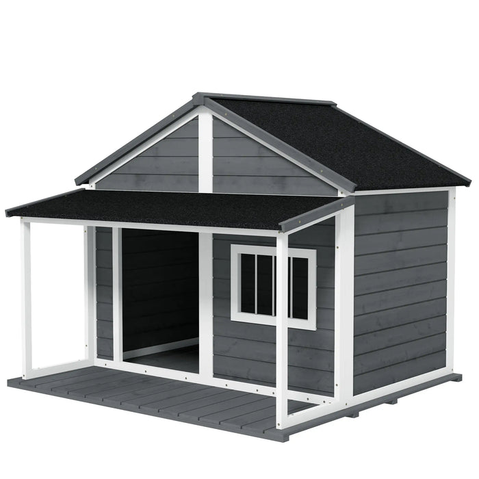 PawHut Outdoor Dog House Cabin Style  for Medium/Large Dogs, Wooden Raised Shelter with Asphalt Roof, Gray