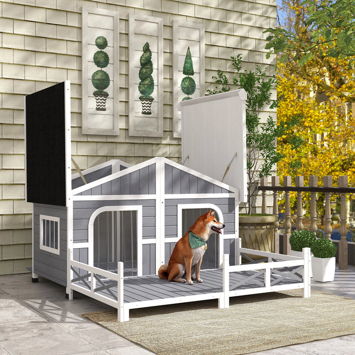 PawHut Wooden Large Dog House Outdoor Cabin Style Elevated Pet Shelter with Porch, for Small and Medium Breed Dogs, Gray