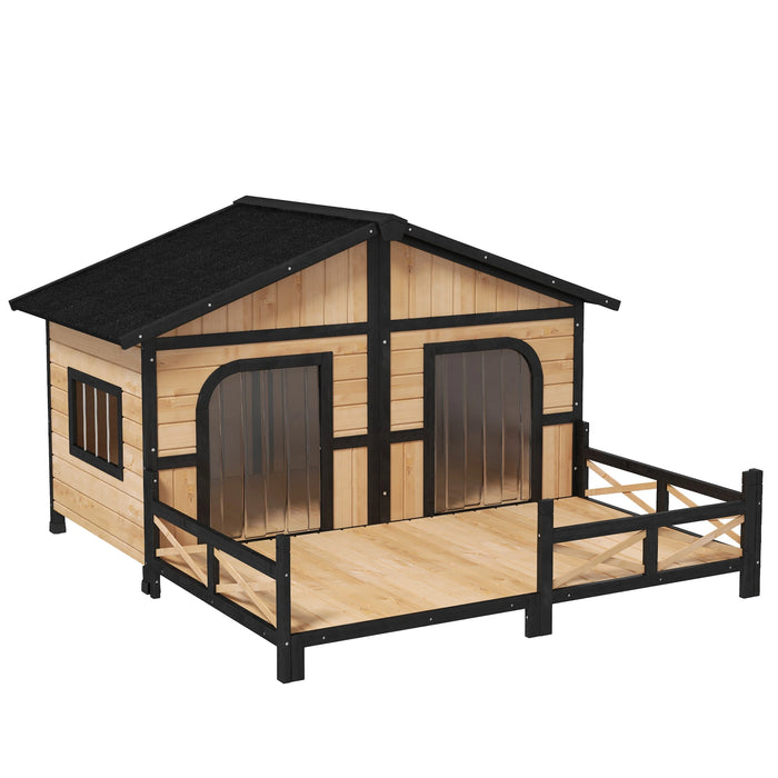 PawHut 59"x64"x39" Large Wooden Raised Dog House Weatherproof Rustic Log Cabin Style, Natural