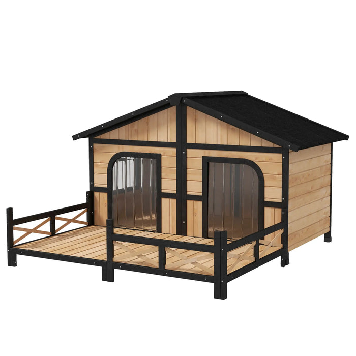 PawHut 59"x64"x39" Large Wooden Raised Dog House Weatherproof Rustic Log Cabin Style, Natural