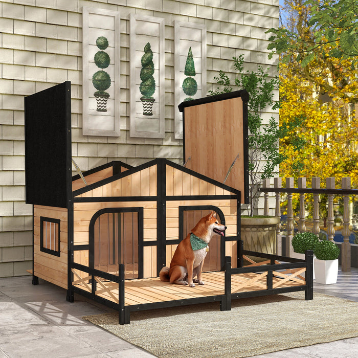 PawHut 59"x64"x39" Large Wooden Raised Dog House Weatherproof Rustic Log Cabin Style, Natural