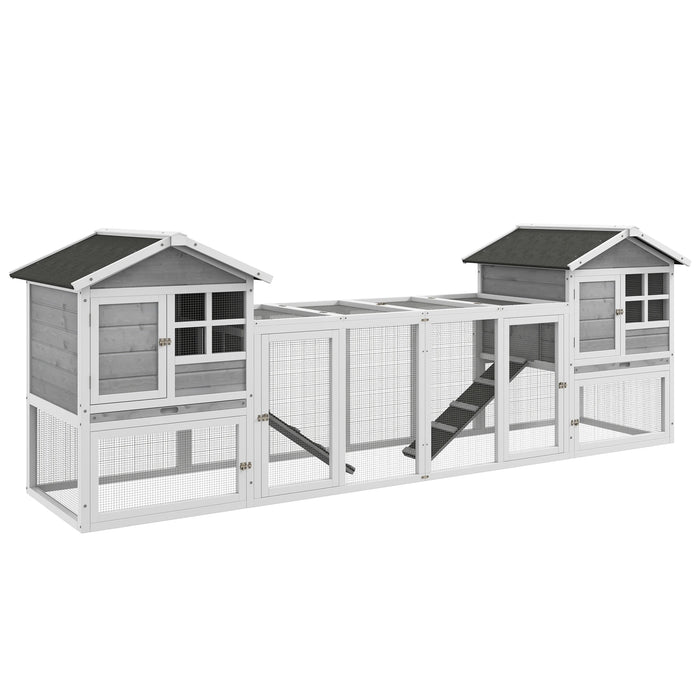 PawHut 102" 2-In-1 Wooden Rabbit House, Large Bunny Cage with 2 Run Boxes & Ramp, Gray