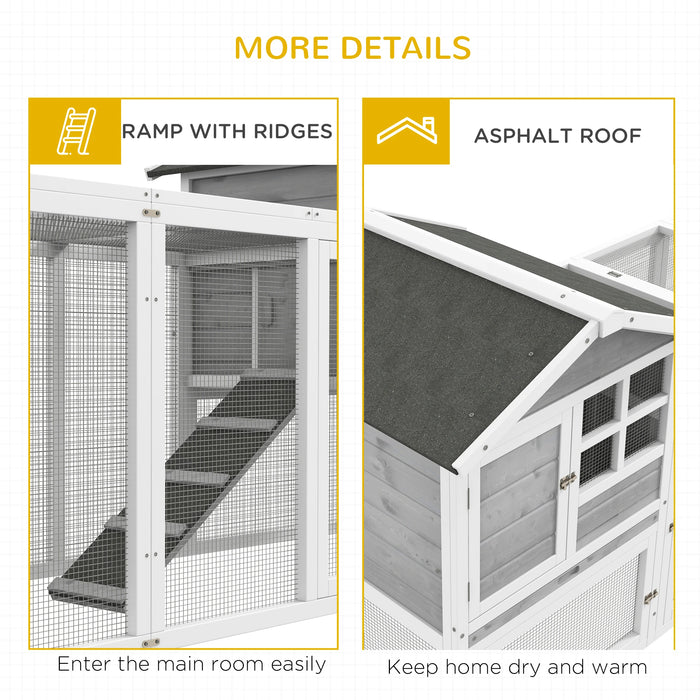 PawHut 102" 2-In-1 Wooden Rabbit House, Large Bunny Cage with 2 Run Boxes & Ramp, Gray