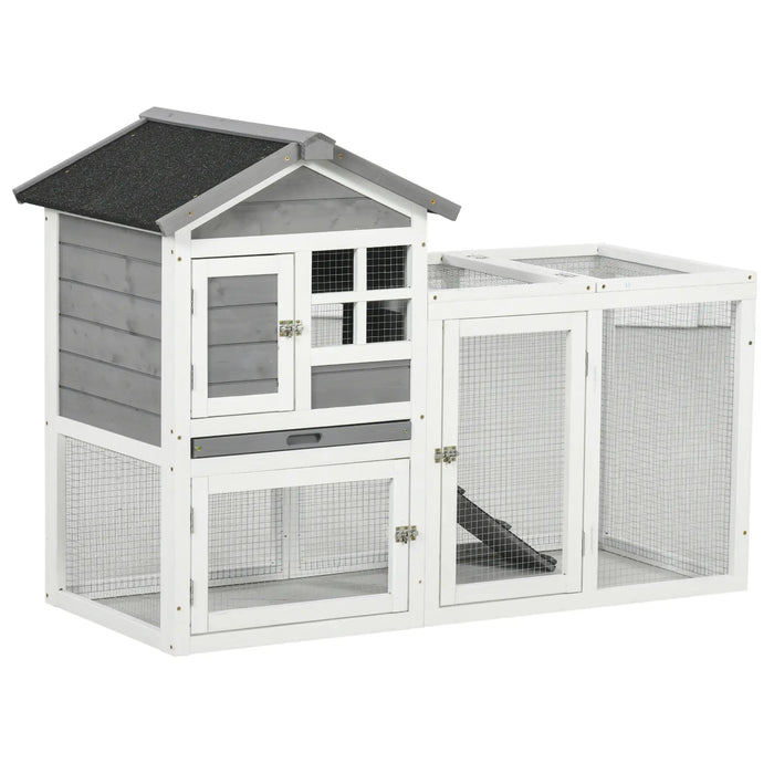 PawHut 102" 2-In-1 Wooden Rabbit House, Large Bunny Cage with 2 Run Boxes & Ramp, Gray