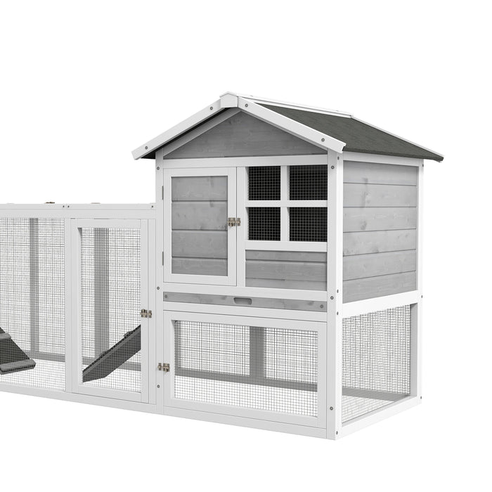 PawHut 102" 2-In-1 Wooden Rabbit House, Large Bunny Cage with 2 Run Boxes & Ramp, Gray