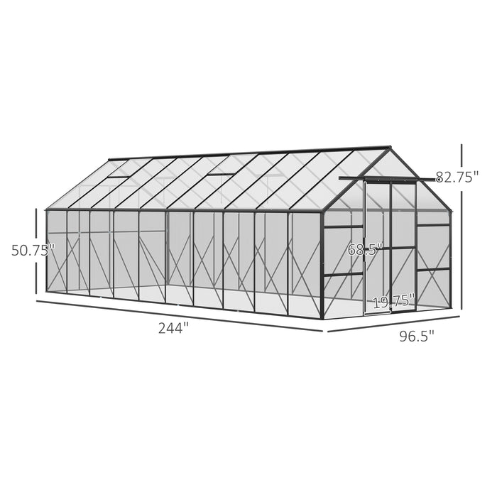 Outsunny 20' x 8' Aluminum Greenhouse Polycarbonate Walk-in with Adjustable Roof Vent, Rain Gutter & Sliding Door