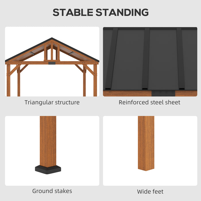 Outsunny 11' x 12' Hardtop Gazebo with Wooden Frame and Waterproof Asphalt Roof, Permanent Pavilion, Brown