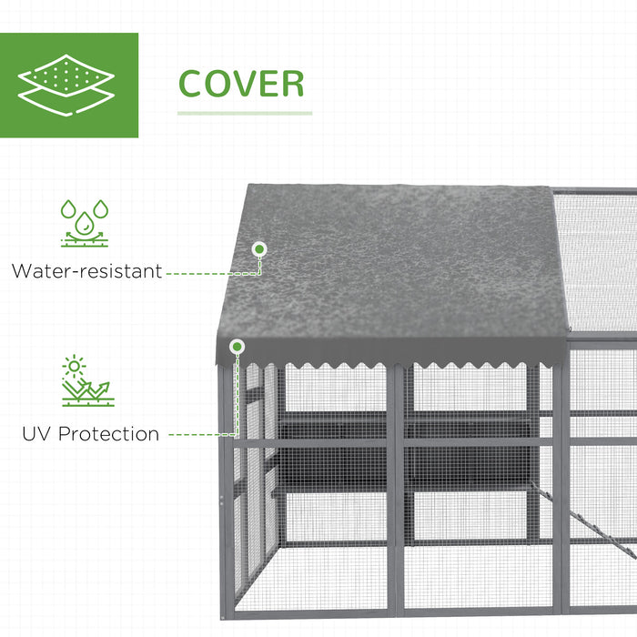 PawHut 9.2' x 6.1' Large Chicken Coop with Nesting Box, Water-Resistant and Anti-UV Cover for 8-12 Chickens, Gray