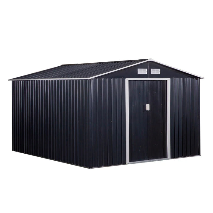 Outsunny 11' x 9' Metal Storage Shed, Garden Tool House with Double Sliding Doors, 4 Air Vents, Dark Gray