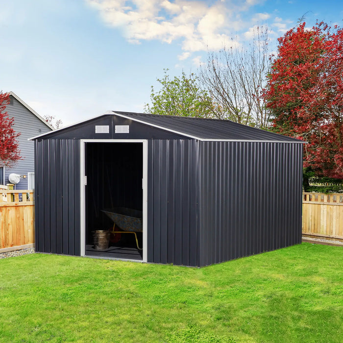 Outsunny 11' x 9' Metal Storage Shed, Garden Tool House with Double Sliding Doors, 4 Air Vents, Dark Gray