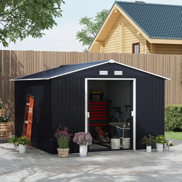 Outsunny 11' x 9' Metal Storage Shed, Garden Tool House with Double Sliding Doors, 4 Air Vents, Dark Gray