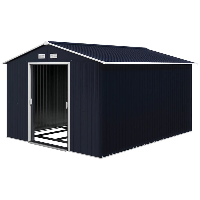 Outsunny 11' x 9' Metal Storage Shed, Garden Tool House with Double Sliding Doors, 4 Air Vents, Dark Gray