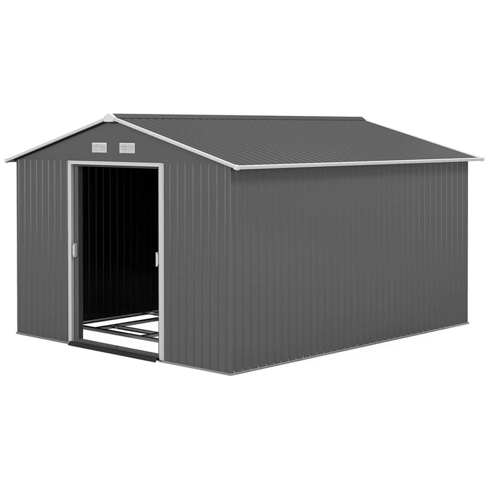 Outsunny 11' x 9' Metal Storage Shed Garden Tool House with Double Sliding Doors, 4 Air Vents, Gray