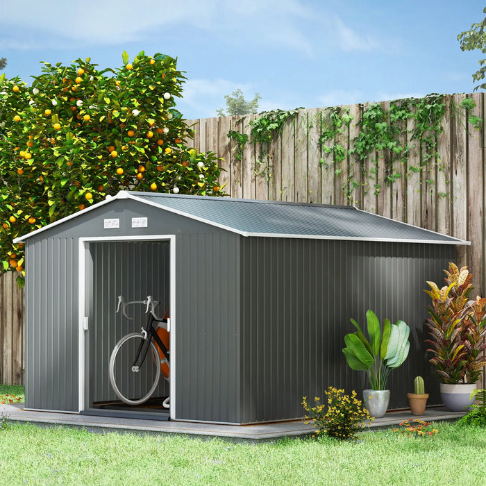 Outsunny 11' x 9' Metal Storage Shed Garden Tool House with Double Sliding Doors, 4 Air Vents, Gray