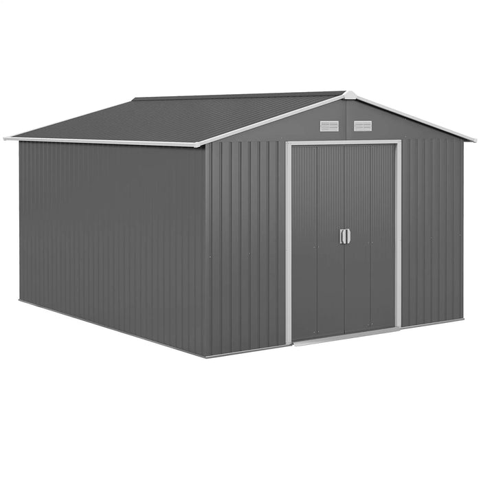 Outsunny 11' x 9' Metal Storage Shed Garden Tool House with Double Sliding Doors, 4 Air Vents, Gray