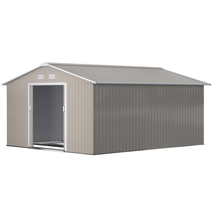 Outsunny 11' x 12.6' Metal Storage Shed, Tin Garden Shed with Double Sliding Doors, 4 Air Vents, Light Gray