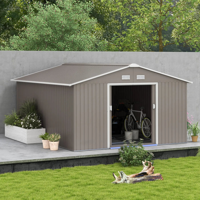 Outsunny 11' x 12.6' Metal Storage Shed, Tin Garden Shed with Double Sliding Doors, 4 Air Vents, Light Gray