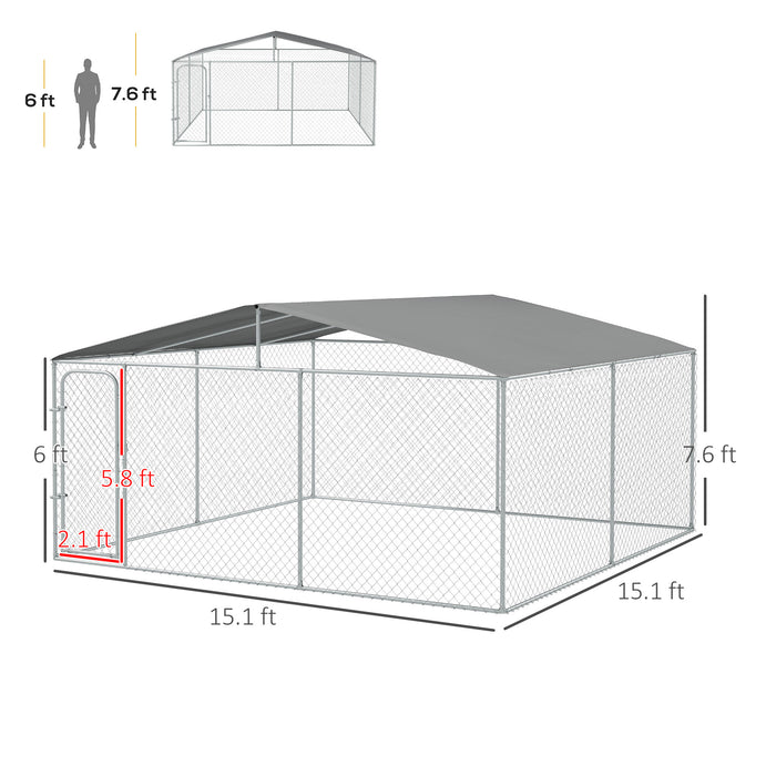 PawHut Outdoor Dog Kennel 15' x 15' x 7.5' Galvanized Steel Fence with Cover Secure Lock