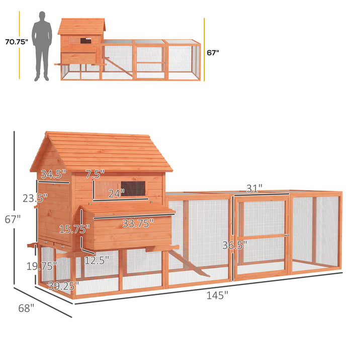 PawHut 145" Wooden Chicken Coop with Run & Inner Hen House Space