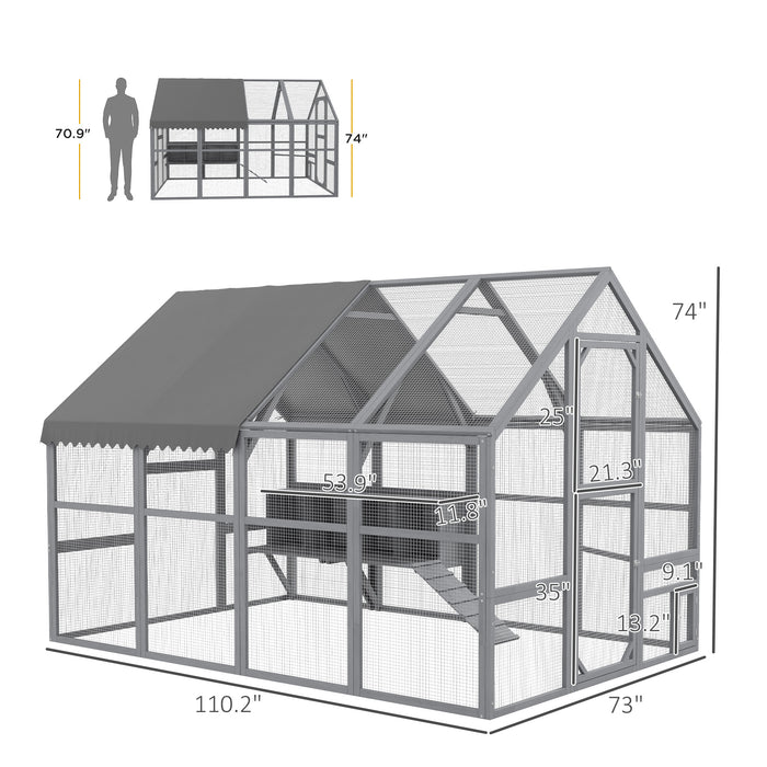 PawHut 9.2' x 6.1' Large Chicken Coop with Nesting Box, Water-Resistant and Anti-UV Cover for 8-12 Chickens, Gray