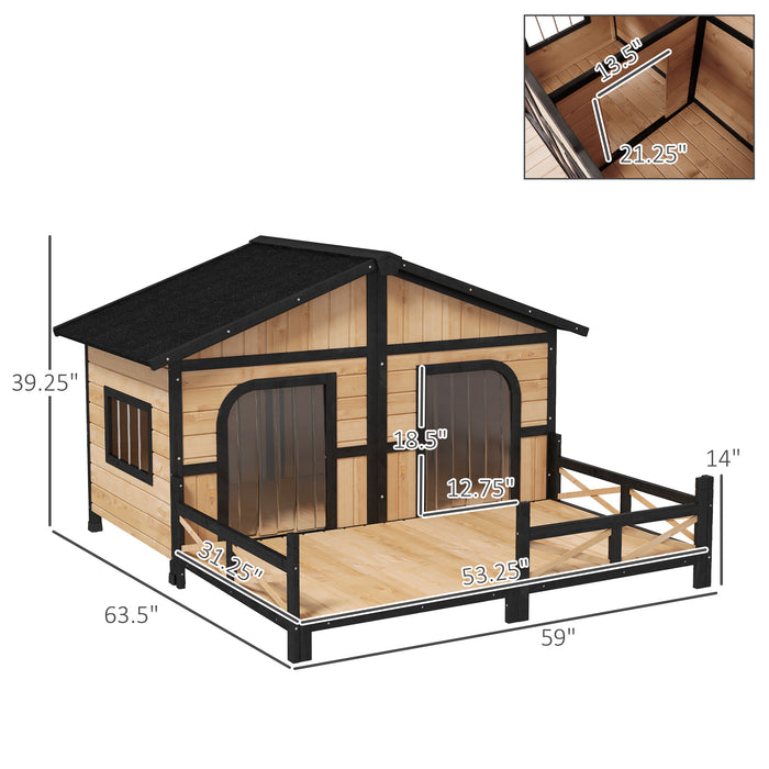 PawHut 59"x64"x39" Large Wooden Raised Dog House Weatherproof Rustic Log Cabin Style, Natural